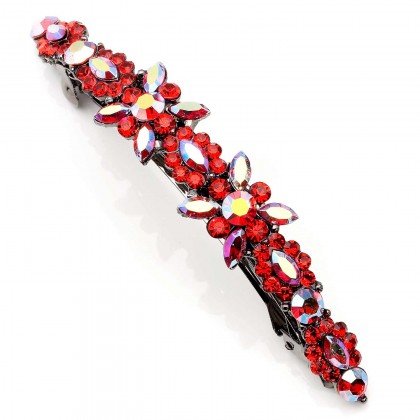 Red Light Siam Flower Cluster Hair Slide with Light Siam and AB Light Siam Swarovski Crystals, Paris Clip