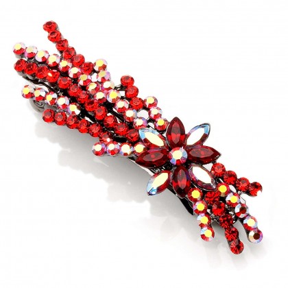 Red Flower Spray Hair Slide with Light Siam and AB Siam Swarovski Crystals, Paris Clip