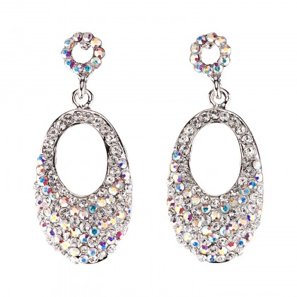Oval Crystal Drop Earrings with AB & White Diamond Swarovski Crystal & Rhodium Plated, 47mm drop 