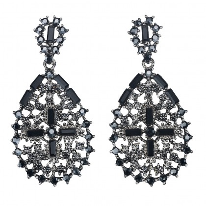 Intricate Crystal Pear Shape with Cross, Drop Earrings with Black Swarovski Crystal & Rhodium Plating - length 65mm - Gemini London