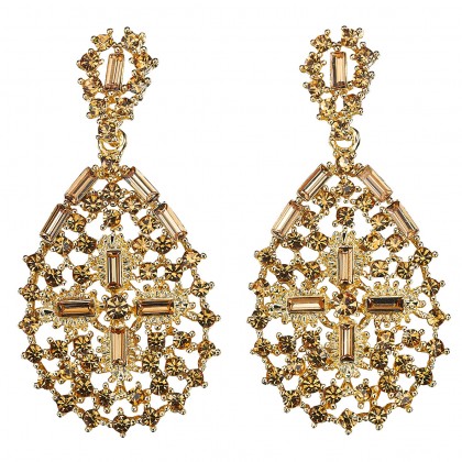 Intricate Crystal Pear Shape with Cross, Drop Earrings with Topaz Swarovski Crystal & Gold Plating - length 65mm - Gemini London
