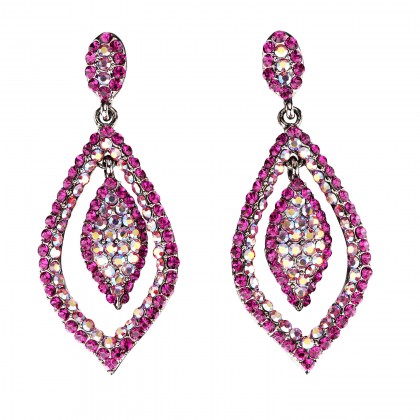 Dangling Tear Drop Crystal Earrings with Pink Fuchsia and Pink AB Fuchsia Swarovski Crystal - 65 mm drop length.