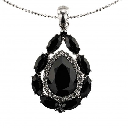 Tear Drop Jet Black Swarovski Crystal Pendant Necklace, Rhodium Plated