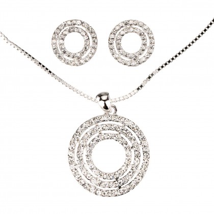 Mother's Day Gift - Circle Cluster Necklace and Earrings in White Diamond Swarovski Crystals, Rhodium Plated