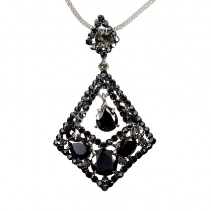 Rhombus Diamond Swarovski Black Diamond and Jet Black Crystal Pendant Necklace, Rhodium Plated, Nickel Free