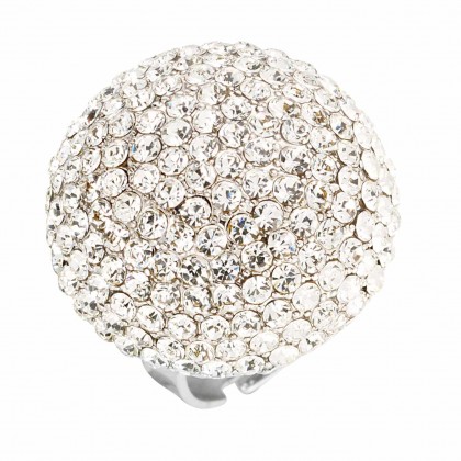 White Diamond Swarovski Crystal Dome Cluster Adjustable Ring, Rhodium Plated Silver Finish. Gemini London Jewellery