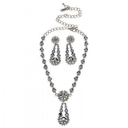 Black Crystal Flower Pendant Drop Necklace and Earrings Set, Black Swarovski Crystals